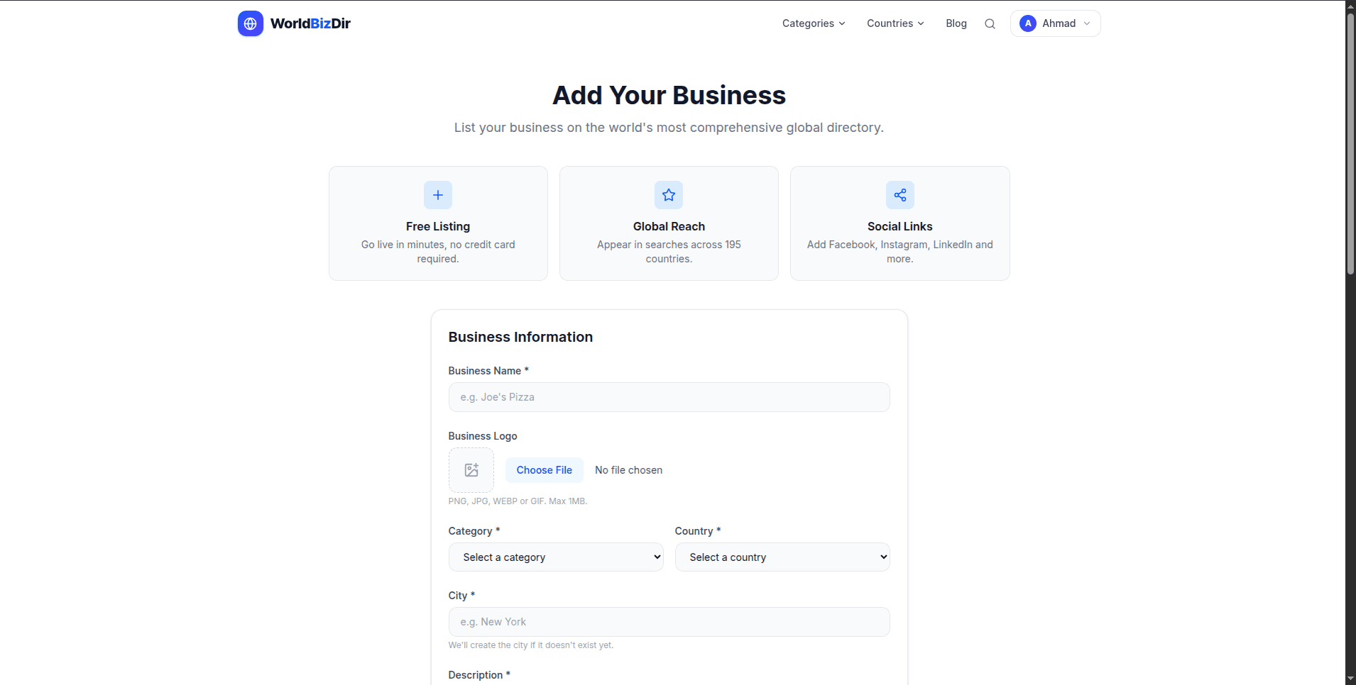 Add business listing form